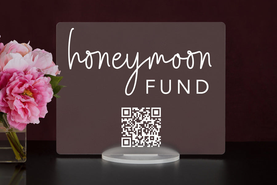 Elation Factory Co Custom Honeymoon (Honeyfund) Fund Acrylic Sign, QR Code Cash Gift Sign, Wedding Gift Sign, Acrylic Wedding Sign