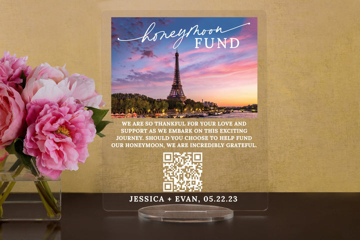 Elation Factory Co Custom Paris Honeymoon (Honeyfund) Fund Acrylic Sign, QR Code Cash Gift Sign, Wedding Gift Sign, Acrylic Wedding Sign