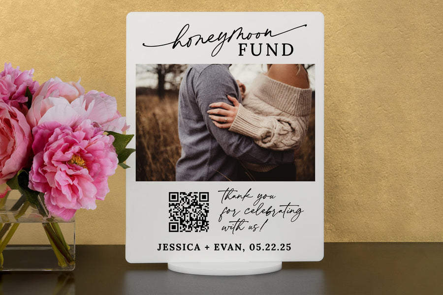 Elation Factory Co Custom Photo Honeymoon (Honeyfund) Fund Acrylic Sign, QR Code Cash Gift Sign, Wedding Gift Sign, Acrylic Wedding Sign