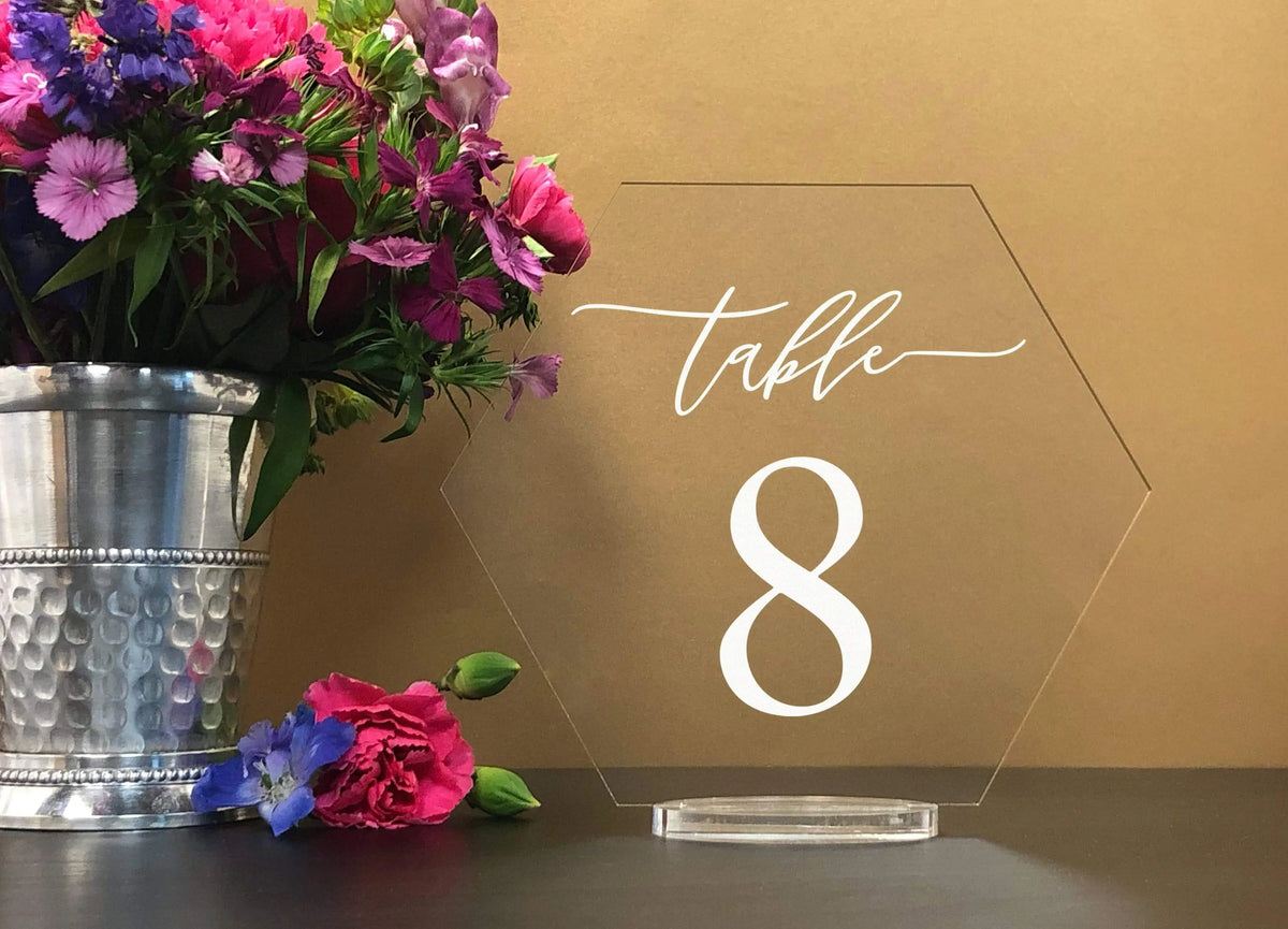 Hexagon Table Numbers with stand – Elation Factory Co., image size:1200x865