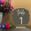 Load image into Gallery viewer, Elation Factory Co Weddings > Decorations > Serving & Dining > Table Décor > Table Numbers Custom Paint Brush Style Background - Hexagon Table numbers with stand, clear acrylic wedding table number