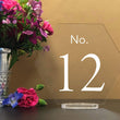 Load image into Gallery viewer, Elation Factory Co Weddings > Decorations > Serving & Dining > Table Décor > Table Numbers Hexagon Table numbers with stand, clear acrylic wedding table number, Geometric Wedding Table Decor, Plexiglass Table Number, Modern Wedding