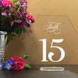 Load image into Gallery viewer, Elation Factory Co Weddings > Decorations > Serving & Dining > Table Décor > Table Numbers Hexagon Table numbers with stand, clear acrylic wedding table number, Geometric Wedding Table Decor, Plexiglass Table Number, Modern Wedding