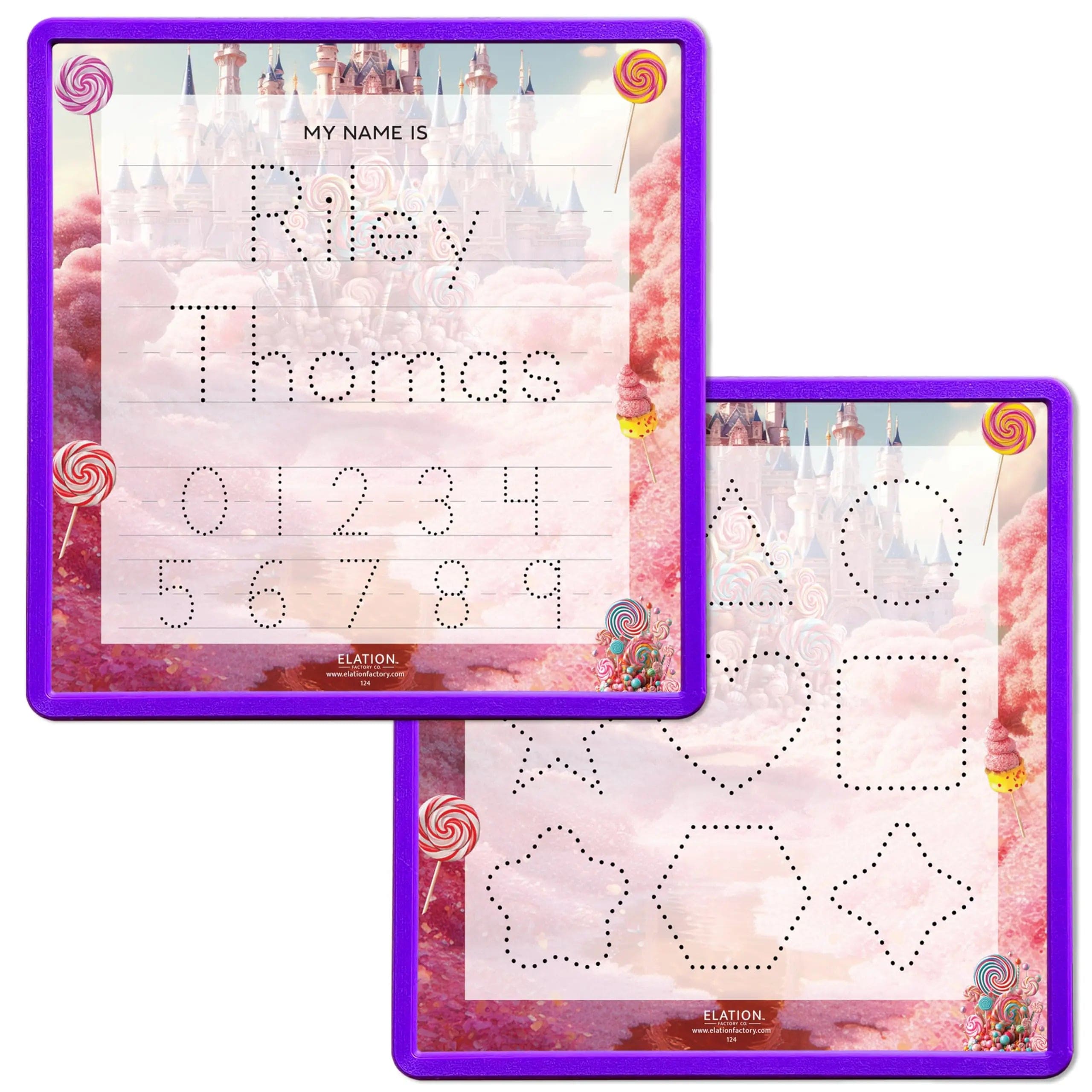 Kid's Name Tracing Board | Dry Erase Letter Tracing | Reusable Name Tracing Board | Letter Tracing Board | Personalized | Candy Theme     Elation Factory Co Berry-Purple-2-Line-Name-and-Practice-Shapes