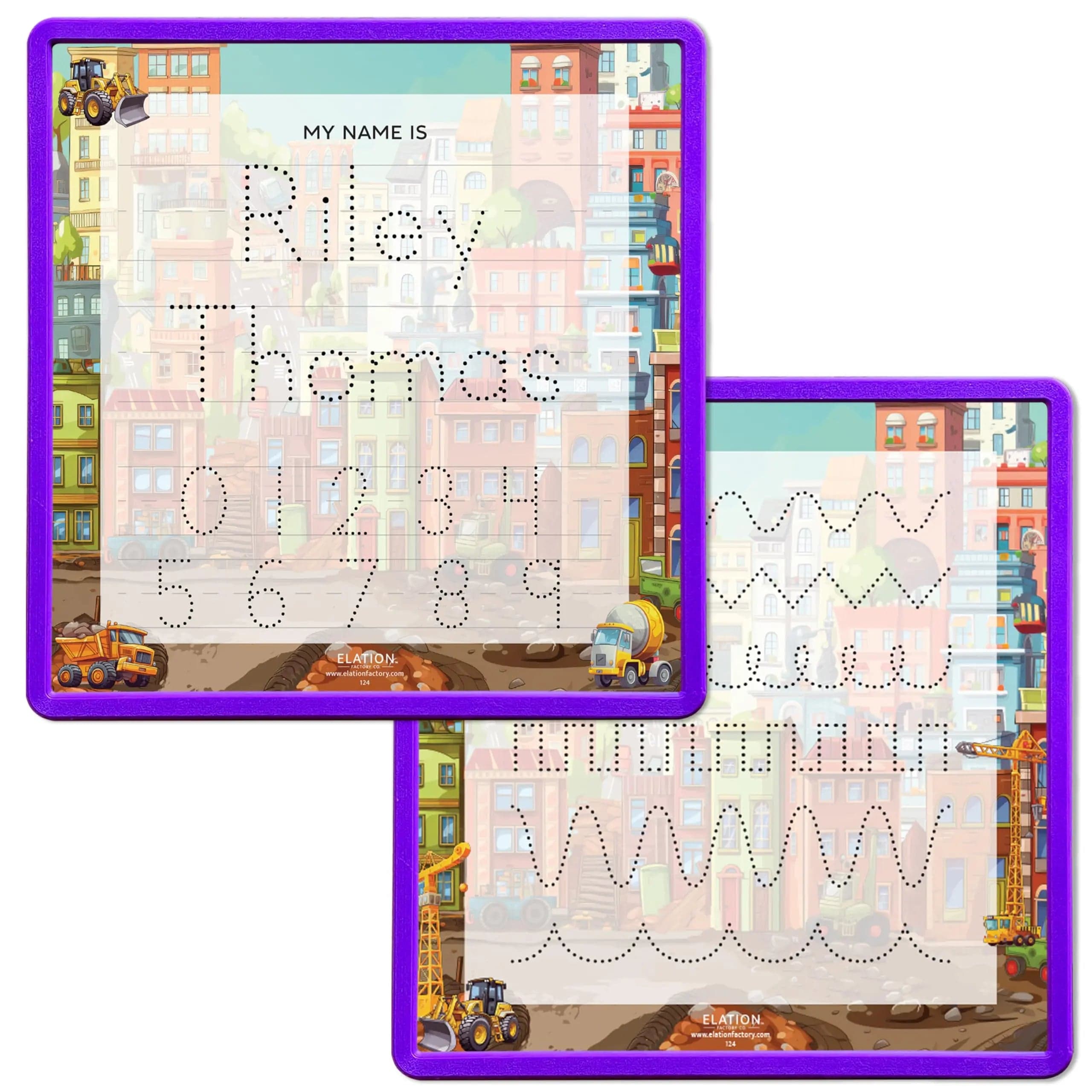 Kid's Name Tracing Board | Dry Erase Letter Tracing | Reusable Name Tracing Board | Letter Tracing Board | Personalized | Construction Theme     Elation Factory Co Berry-Purple-2-Line-Names-and-Practice-Lines