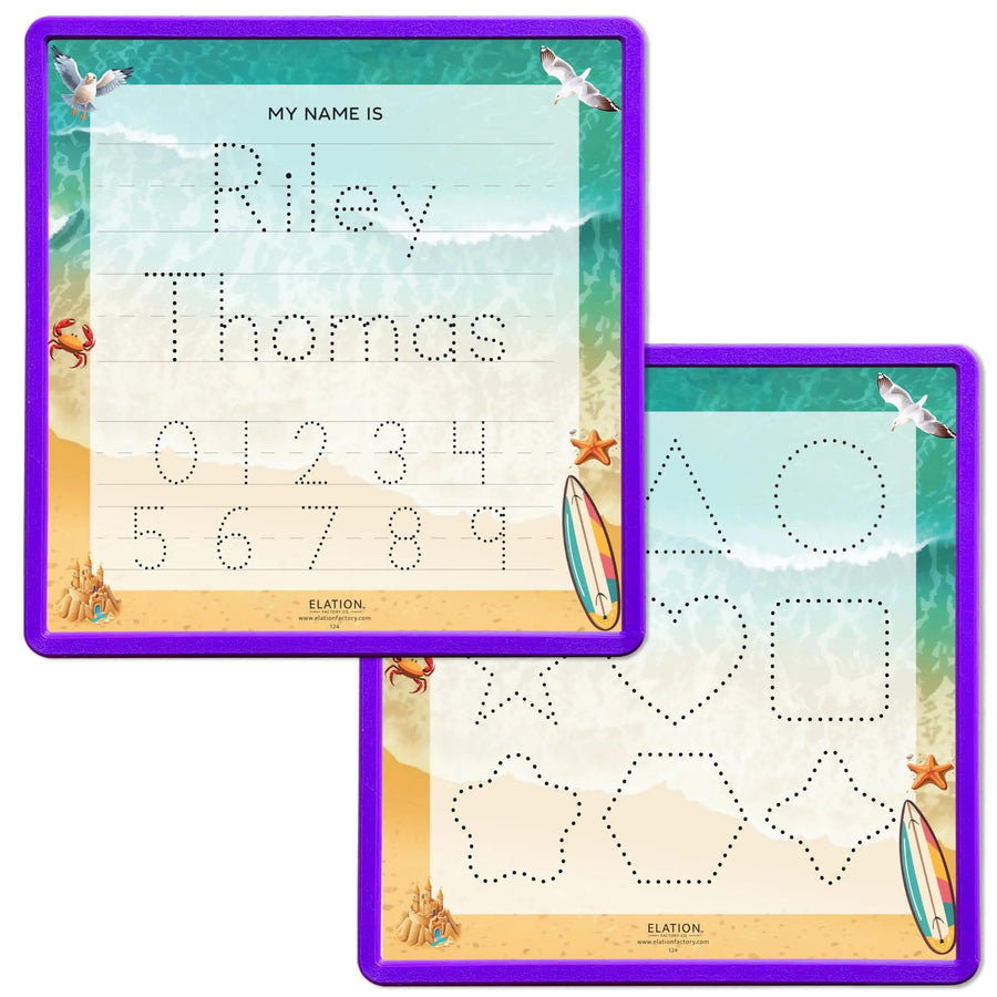 Kid's Name Tracing Board | Dry Erase Letter Tracing | Reusable Name Tracing Board | Letter Tracing Board | Personalized | Day At The Beach Theme     Elation Factory Co Berry-Purple-2-Line-Name-and-Practice-Shapes