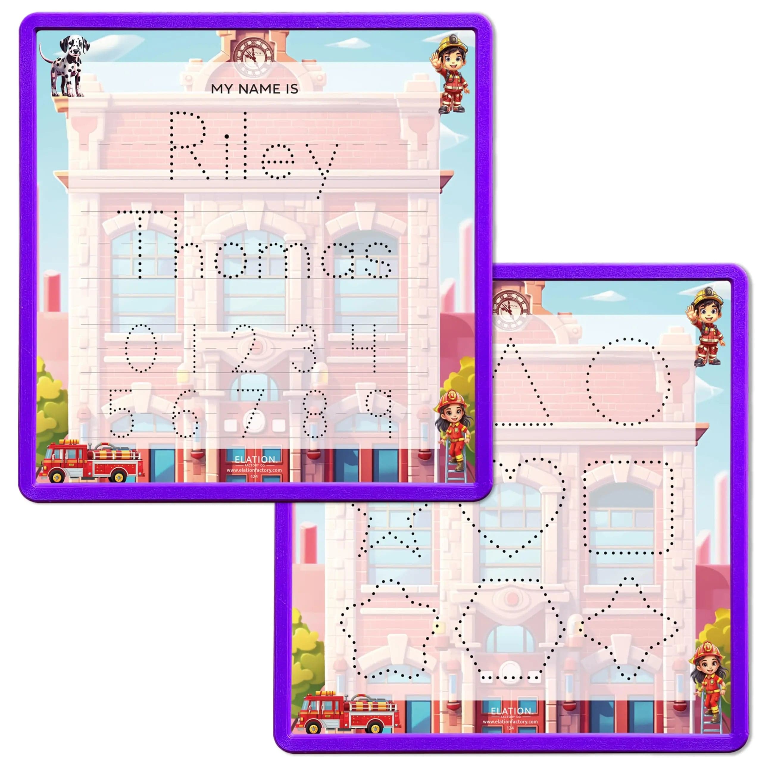 Kid's Name Tracing Board | Dry Erase Letter Tracing | Reusable Name Tracing Board | Letter Tracing Board | Personalized | Firefighters Theme     Elation Factory Co Berry-Purple-2-Line-Name-and-Practice-Shapes