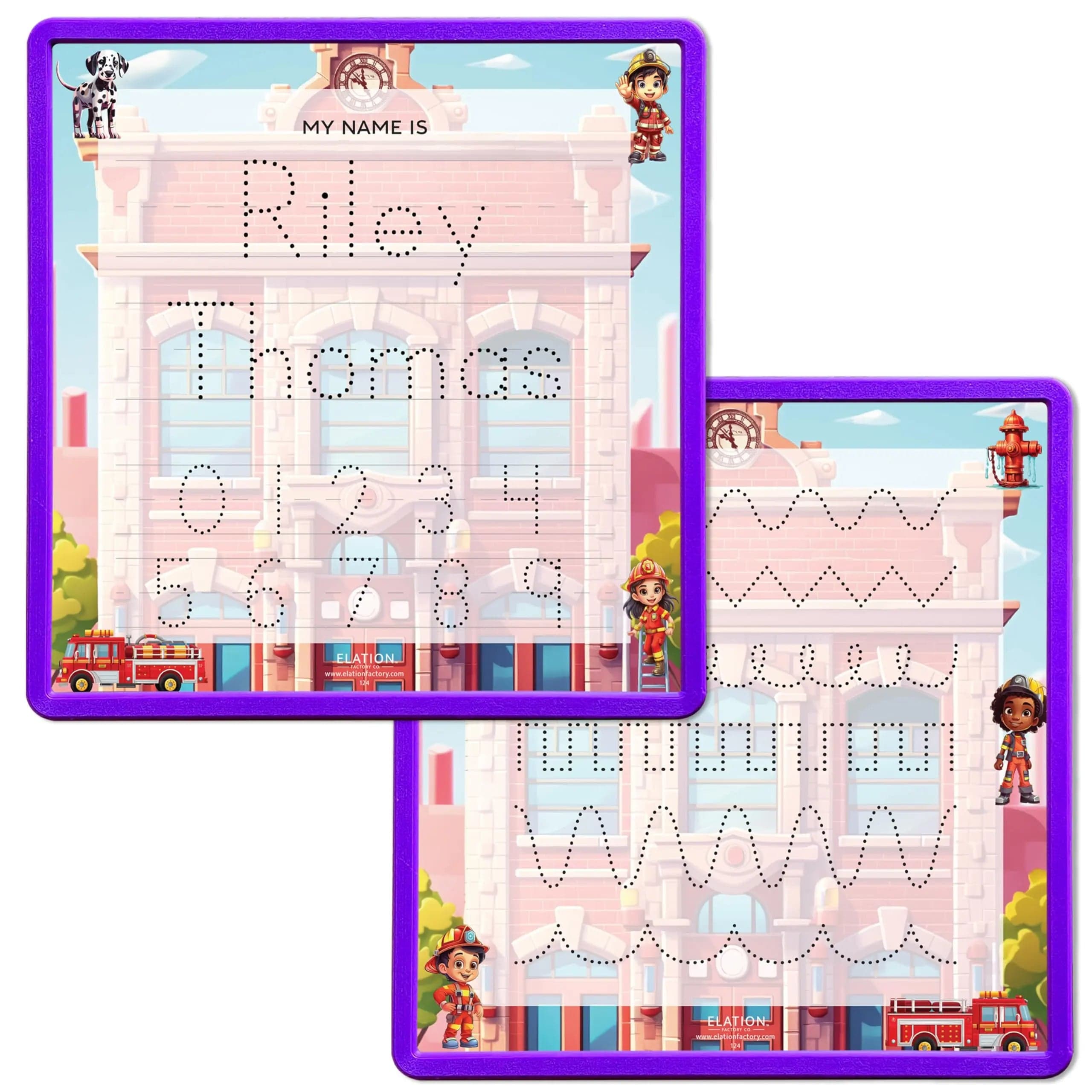 Kid's Name Tracing Board | Dry Erase Letter Tracing | Reusable Name Tracing Board | Letter Tracing Board | Personalized | Firefighters Theme     Elation Factory Co Berry-Purple-2-Line-Names-and-Practice-Lines