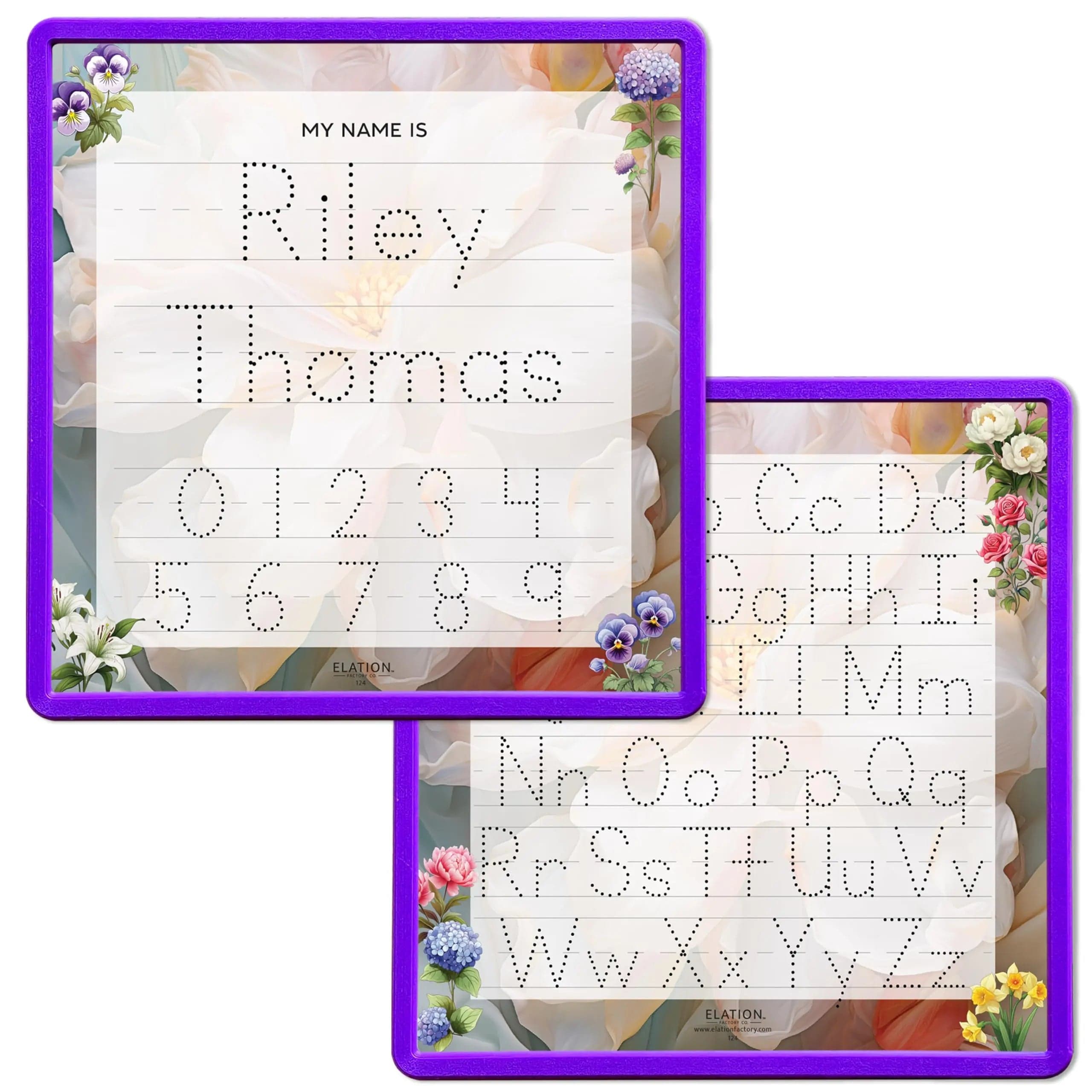 Kid's Name Tracing Board | Dry Erase Letter Tracing | Reusable Name Tracing Board | Letter Tracing Board | Personalized | Flowers Theme     Elation Factory Co Berry-Purple-2-Line-Name-and-Alphabet