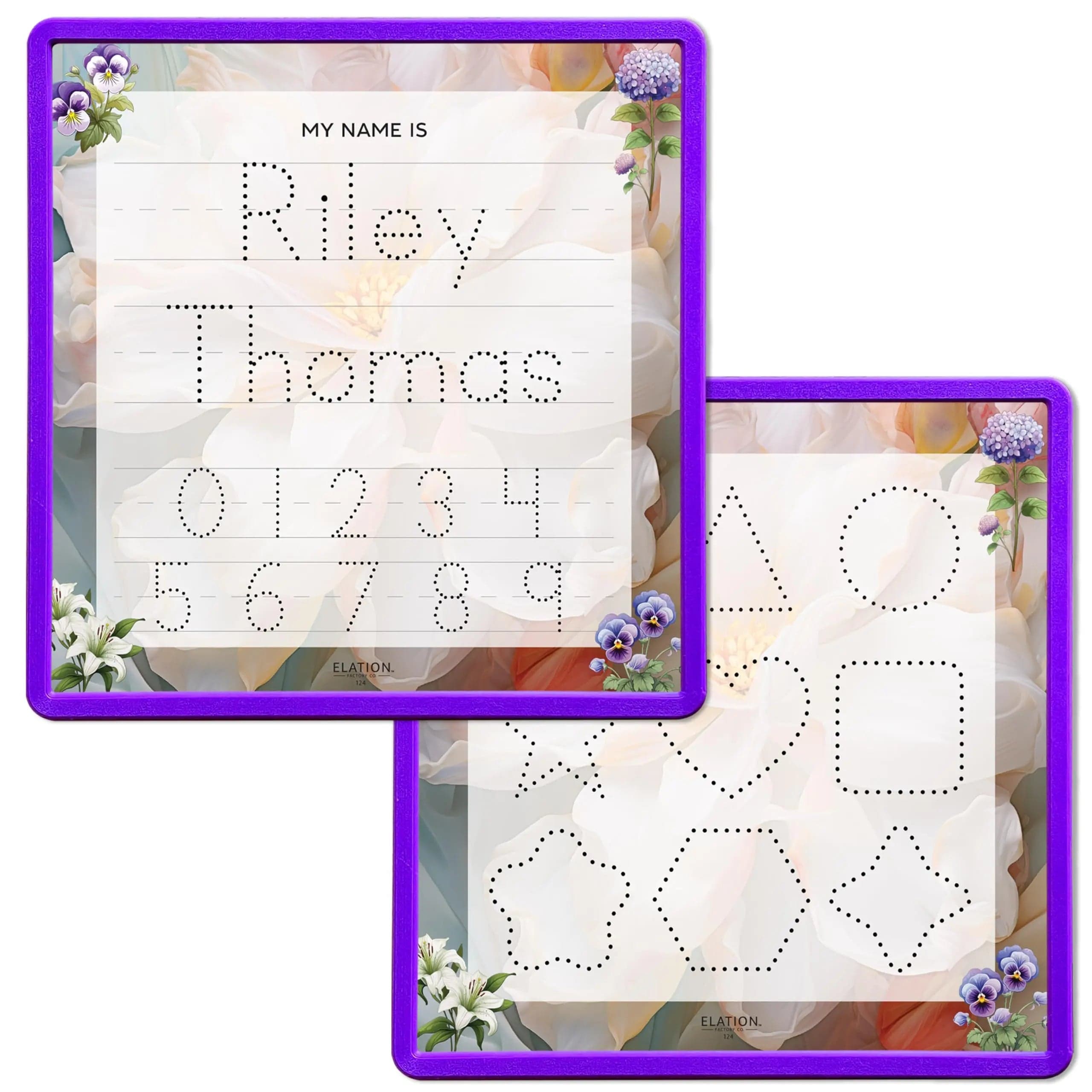 Kid's Name Tracing Board | Dry Erase Letter Tracing | Reusable Name Tracing Board | Letter Tracing Board | Personalized | Flowers Theme     Elation Factory Co Berry-Purple-2-Line-Name-and-Practice-Shapes