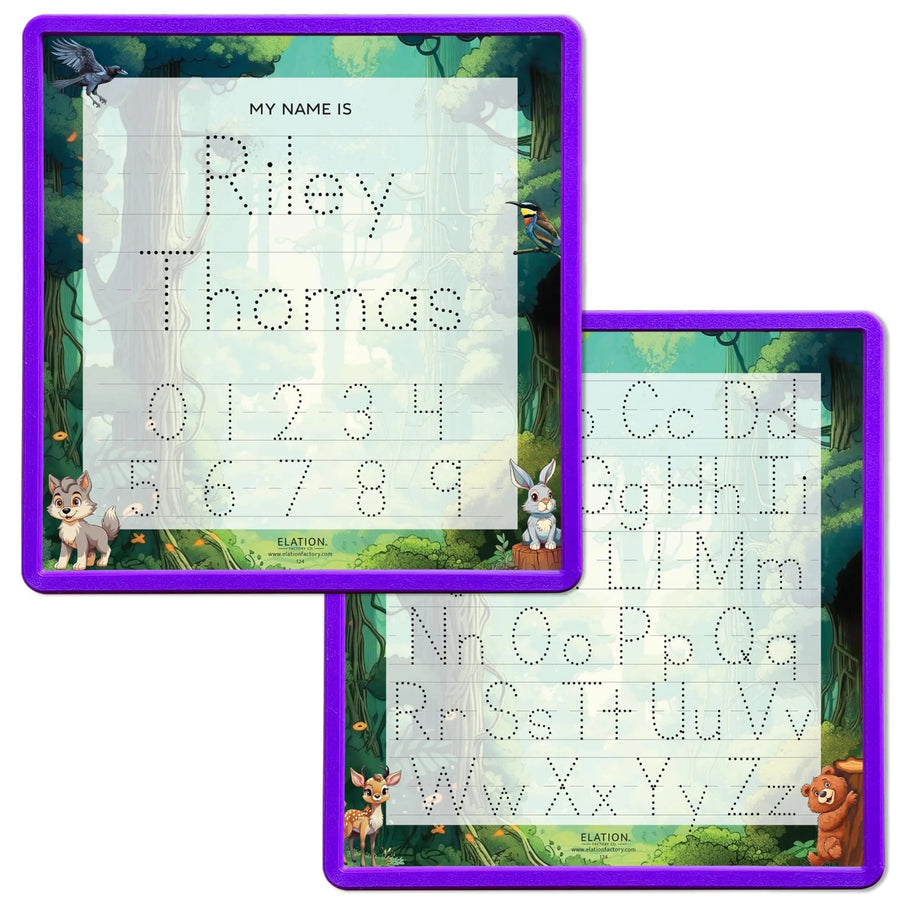 Kid's Name Tracing Board | Dry Erase Letter Tracing | Reusable Name Tracing Board | Letter Tracing Board | Personalized | Forest FriendsTheme     Elation Factory Co Berry-Purple-2-Line-Name-and-Alphabet