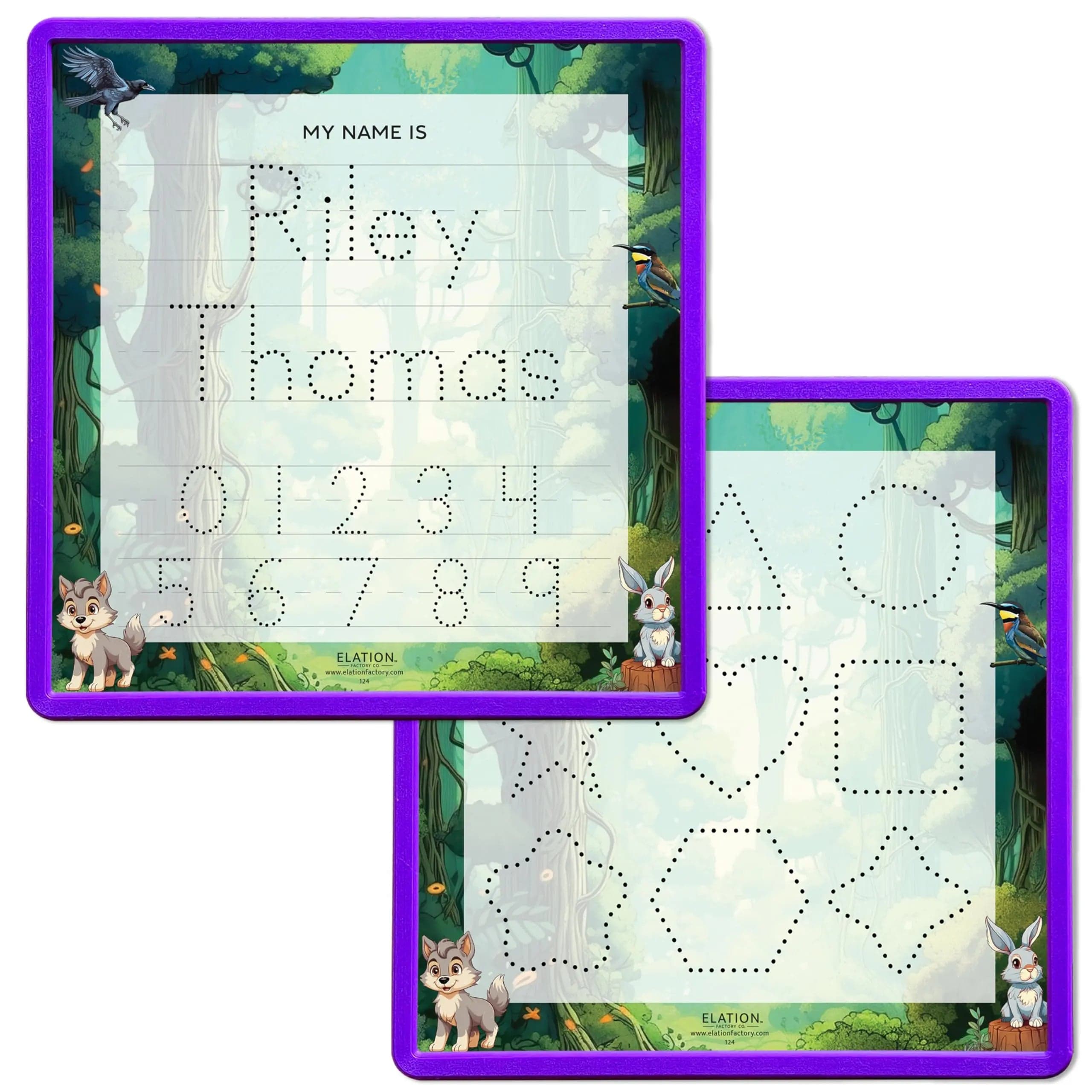 Kid's Name Tracing Board | Dry Erase Letter Tracing | Reusable Name Tracing Board | Letter Tracing Board | Personalized | Forest FriendsTheme     Elation Factory Co Berry-Purple-2-Line-Name-and-Practice-Shapes