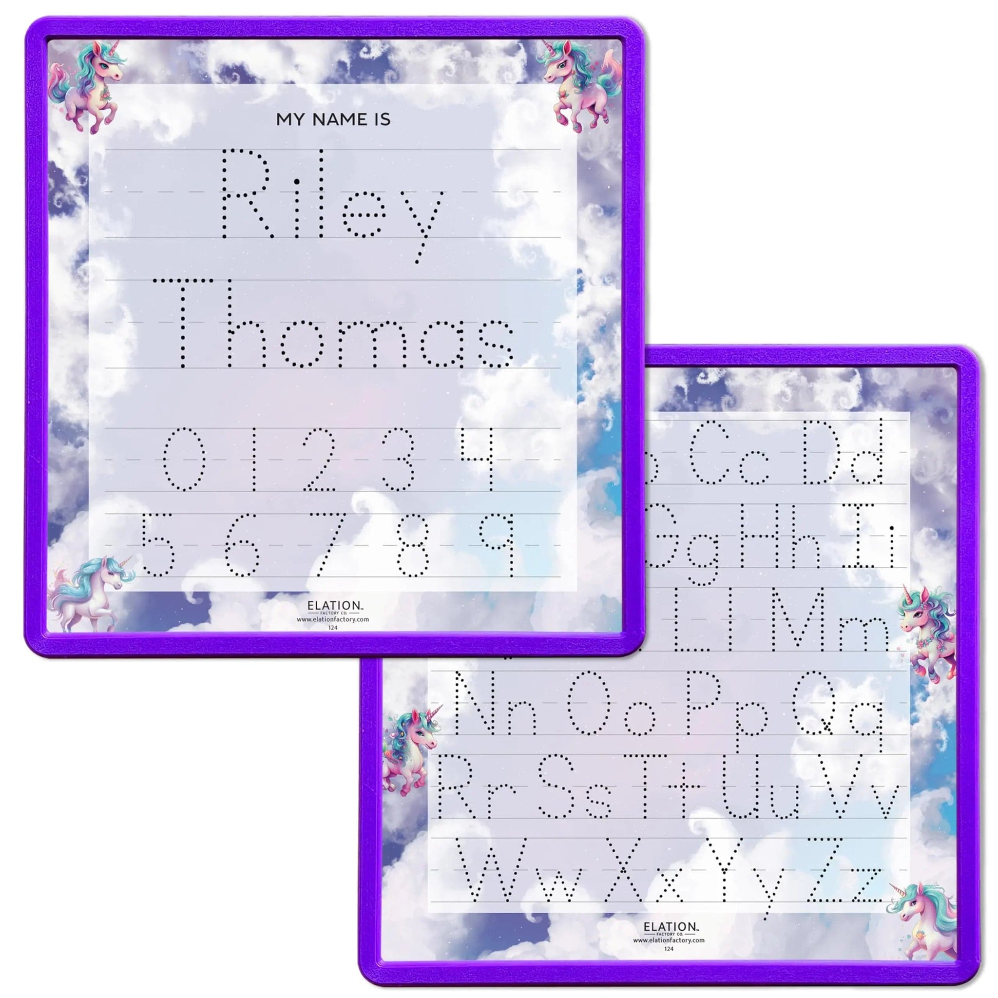 Kid's Name Tracing Board | Dry Erase Letter Tracing | Reusable Name Tracing Board | Letter Tracing Board | Personalized | Unicorn Theme     Elation Factory Co Berry-Purple-2-Line-Name-and-Alphabet