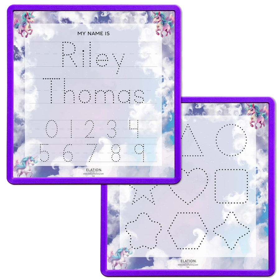 Kid's Name Tracing Board | Dry Erase Letter Tracing | Reusable Name Tracing Board | Letter Tracing Board | Personalized | Unicorn Theme     Elation Factory Co Berry-Purple-2-Line-Name-and-Practice-Shapes