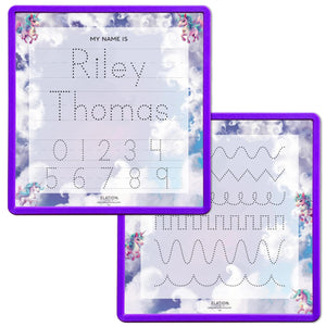 Kid's Name Tracing Board | Dry Erase Letter Tracing | Reusable Name Tracing Board | Letter Tracing Board | Personalized | Unicorn Theme     Elation Factory Co Berry-Purple-2-Line-Names-and-Practice-Lines
