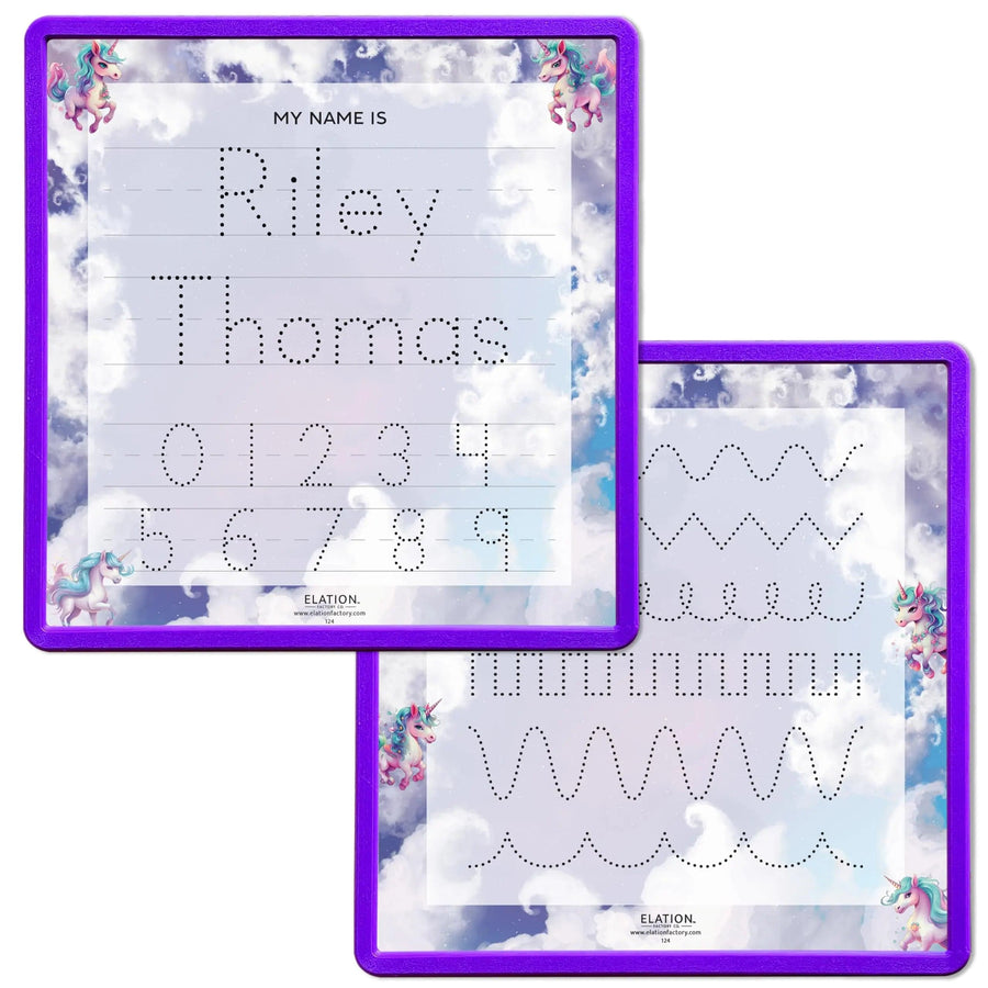 Kid's Name Tracing Board | Dry Erase Letter Tracing | Reusable Name Tracing Board | Letter Tracing Board | Personalized | Unicorn Theme     Elation Factory Co Berry-Purple-2-Line-Names-and-Practice-Lines