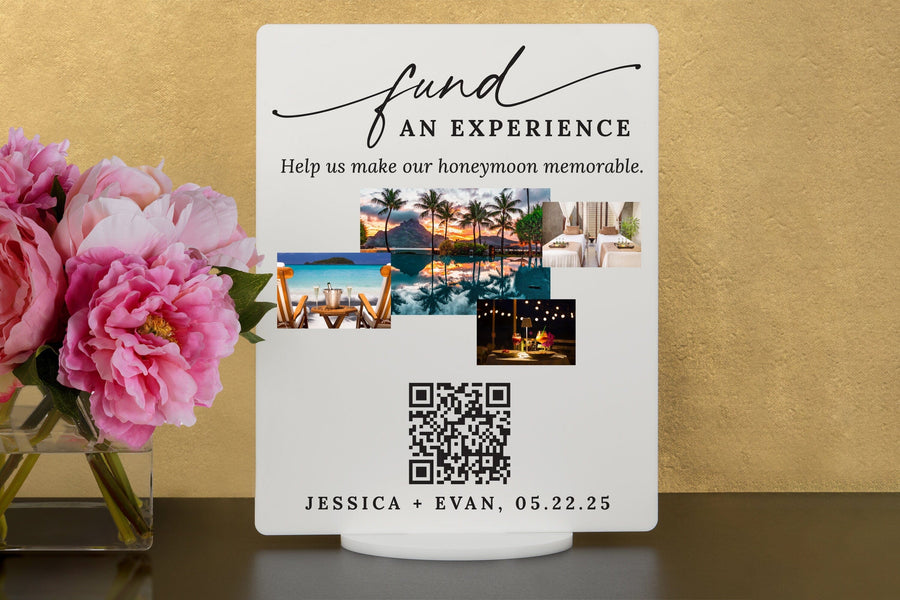 Elation Factory Co Custom Fund Our Experience Tropical Honeymoon (Honeyfund) Fund Acrylic Sign, QR Code Cash Gift Sign, Wedding Gift Sign, Acrylic Wedding Sign