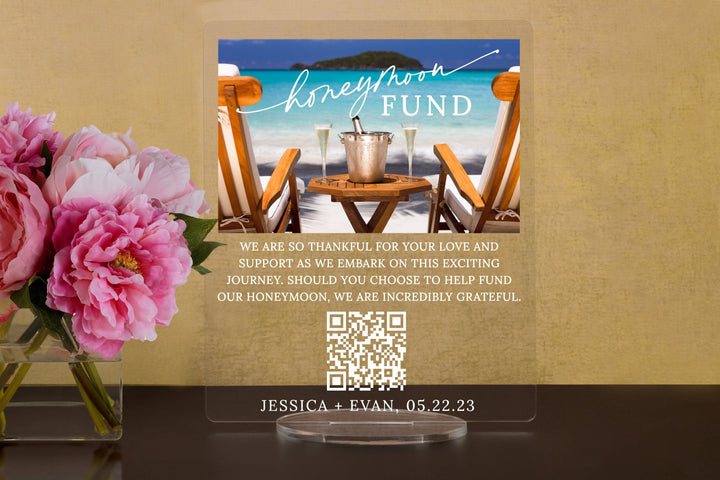 Elation Factory Co Custom Tropical Beach Honeymoon (Honeyfund) Fund Acrylic Sign, QR Code Cash Gift Sign, Wedding Gift Sign, Acrylic Wedding Sign