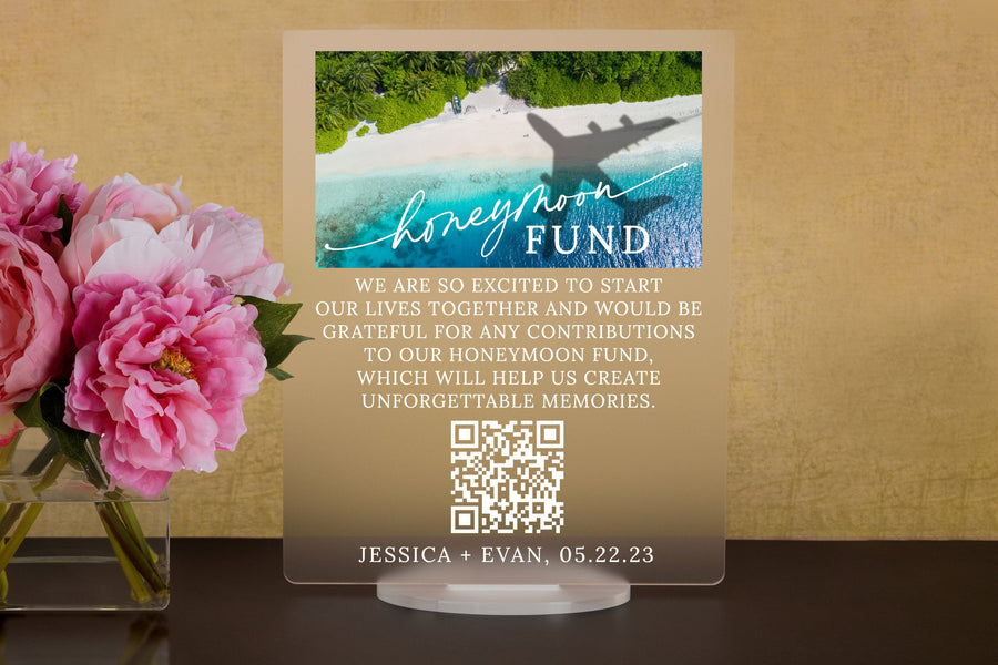 Elation Factory Co Custom Tropical Beach Honeymoon (Honeyfund) Fund Acrylic Sign, QR Code Cash Gift Sign, Wedding Gift Sign, Acrylic Wedding Sign