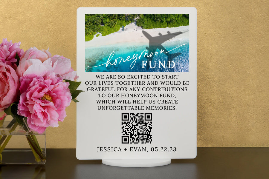 Elation Factory Co Custom Tropical Beach Honeymoon (Honeyfund) Fund Acrylic Sign, QR Code Cash Gift Sign, Wedding Gift Sign, Acrylic Wedding Sign