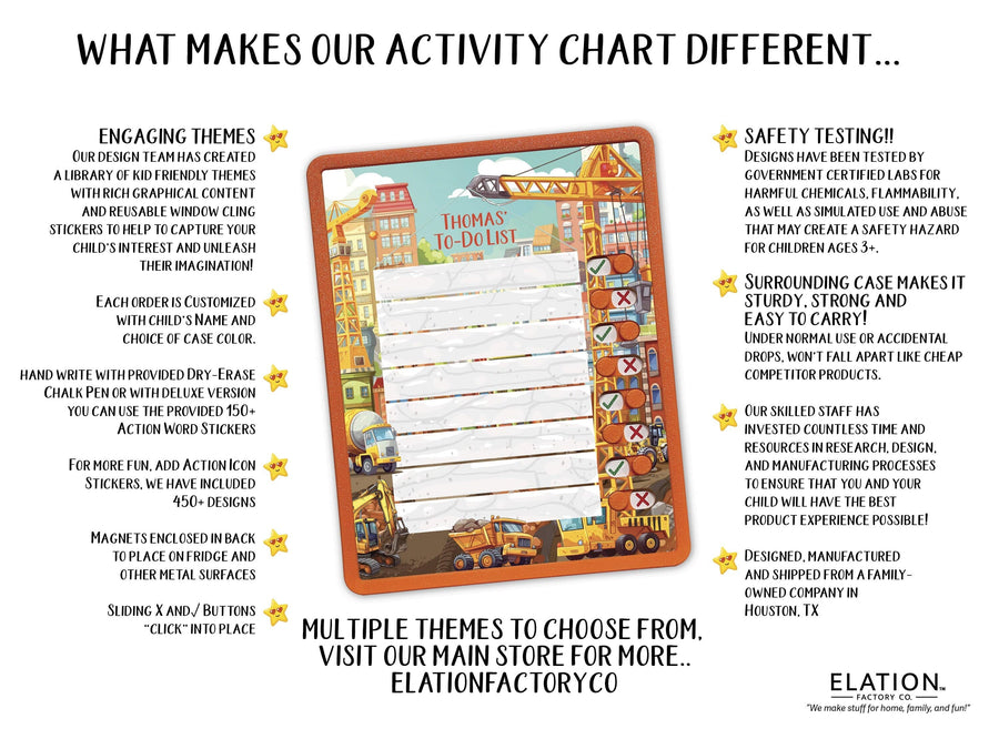 Elation Factory Co Toys & Games > Toys > Learning & School Kids Routine Chart | Chore Chart for Kids | Daily Checklist | Kids Daily Tasks | Daily Routine | Dry-Erase | Construction Theme