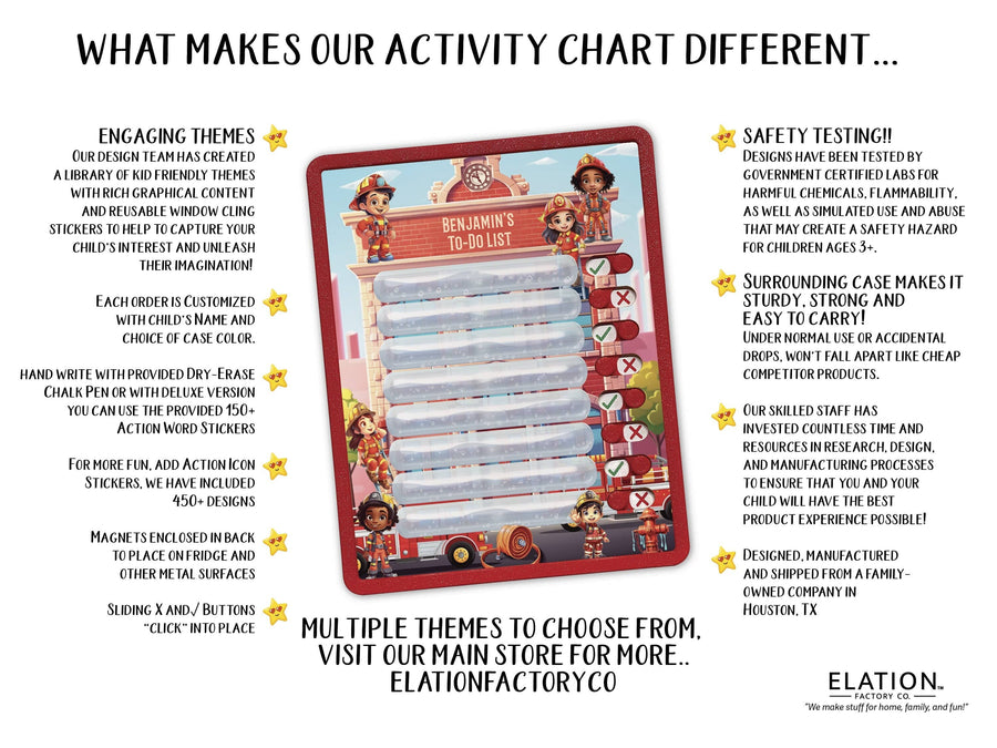 Elation Factory Co Toys & Games > Toys > Learning & School Kids Routine Chart | Chore Chart for Kids | Daily Checklist | Kids Daily Tasks | Daily Routine | Dry-Erase | Personalize | Firefighter Theme