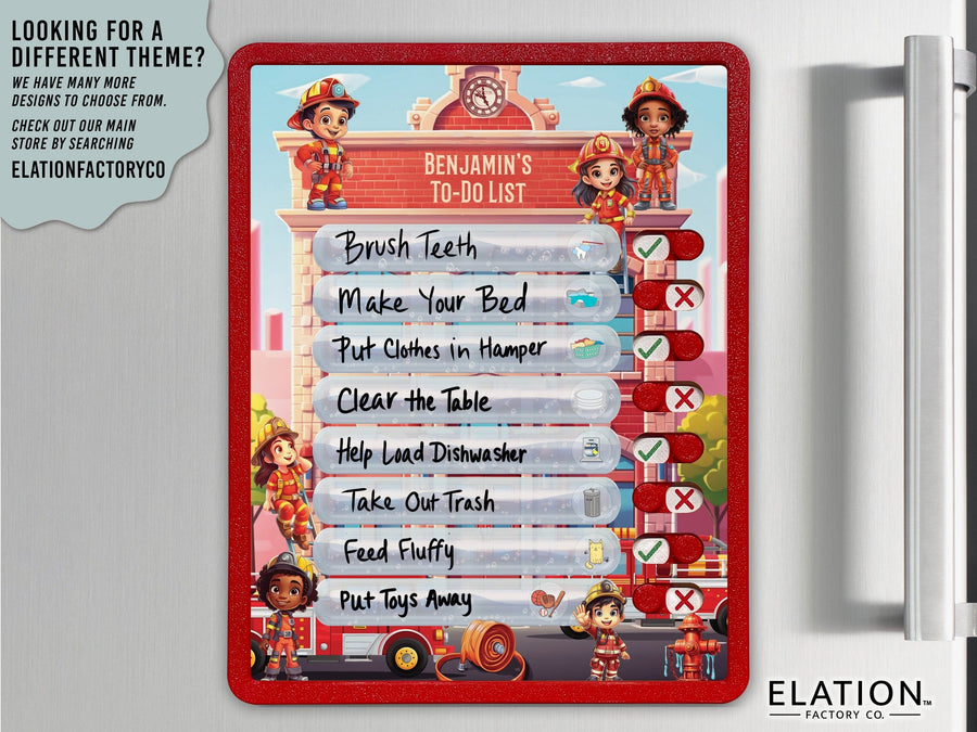 Elation Factory Co Toys & Games > Toys > Learning & School Kids Routine Chart | Chore Chart for Kids | Daily Checklist | Kids Daily Tasks | Daily Routine | Dry-Erase | Personalize | Firefighter Theme