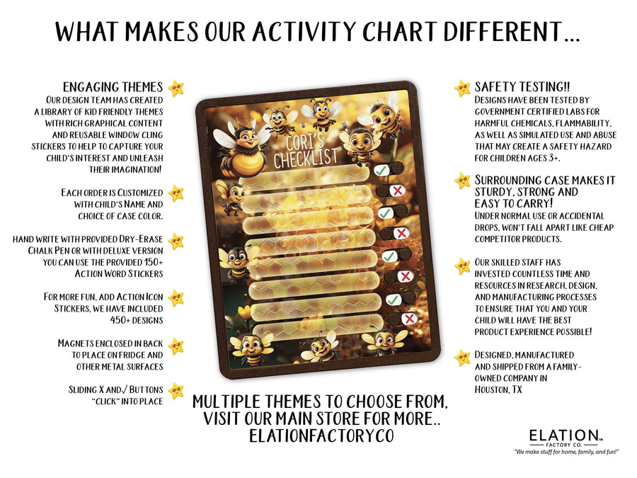 Elation Factory Co Toys & Games > Toys > Learning & School Kids Routine Chart | Chore Chart for Kids | Daily Checklist | Kids Daily Tasks | Daily Routine | Dry-Erase | Personalized | Bee Theme