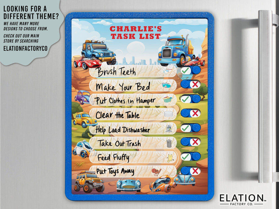 Elation Factory Co Toys & Games > Toys > Learning & School Kids Routine Chart | Chore Chart for Kids | Daily Checklist | Kids Daily Tasks | Daily Routine | Dry-Erase | Personalized | Cars 2 Theme