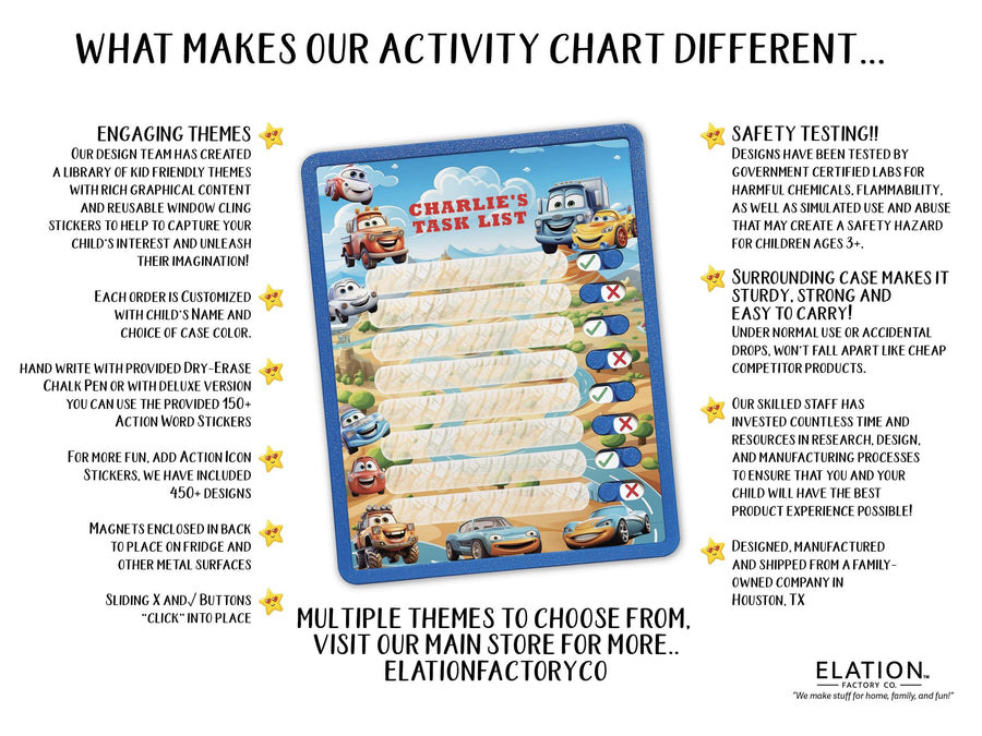 Elation Factory Co Toys & Games > Toys > Learning & School Kids Routine Chart | Chore Chart for Kids | Daily Checklist | Kids Daily Tasks | Daily Routine | Dry-Erase | Personalized | Cars Theme