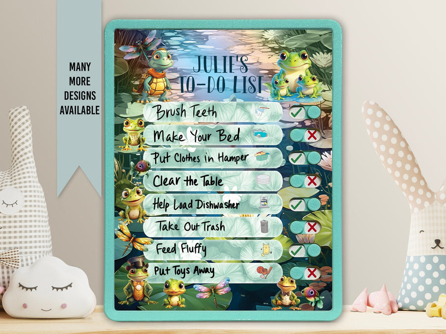 Elation Factory Co Toys & Games > Toys > Learning & School Kids Routine Chart | Chore Chart for Kids | Daily Checklist | Kids Daily Tasks | Daily Routine | Dry-Erase | Personalized | Frog Pond Theme