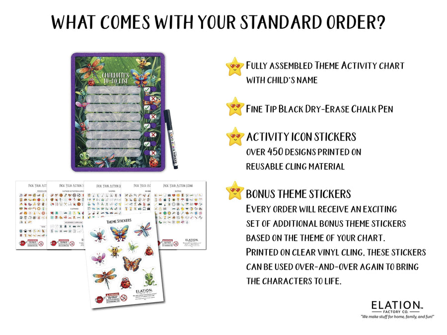 Elation Factory Co Toys & Games > Toys > Learning & School Kids Routine Chart | Chore Chart for Kids | Daily Checklist | Kids Daily Tasks | Daily Routine | Dry-Erase | Personalized | Insect Theme