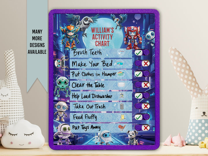 Elation Factory Co Toys & Games > Toys > Learning & School Kids Routine Chart | Chore Chart for Kids | Daily Checklist | Kids Daily Tasks | Daily Routine | Dry-Erase | Personalized | Robots Theme