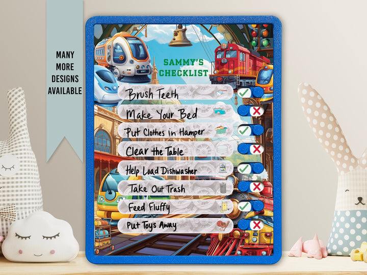 Elation Factory Co Toys & Games > Toys > Learning & School Kids Routine Chart | Chore Chart for Kids | Daily Checklist | Kids Daily Tasks | Daily Routine | Dry-Erase | Personalized | Trains Theme