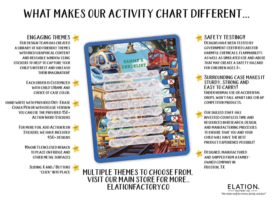 Elation Factory Co Toys & Games > Toys > Learning & School Kids Routine Chart | Chore Chart for Kids | Daily Checklist | Kids Daily Tasks | Daily Routine | Dry-Erase | Personalized | Trains Theme