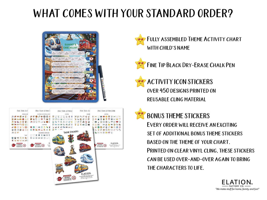 Elation Factory Co Toys & Games > Toys > Learning & School Kids Routine Chart | Chore Chart for Kids | Daily Checklist | Kids Daily Tasks | Daily Routine | Dry-Erase | Personalized | Trains Theme