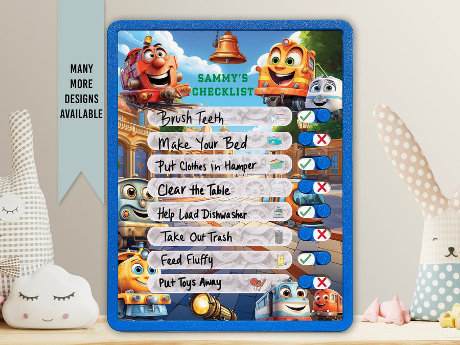 Elation Factory Co Toys & Games > Toys > Learning & School Kids Routine Chart | Chore Chart for Kids | Daily Checklist | Kids Daily Tasks | Daily Routine | Dry-Erase | Personalized | Trains Theme