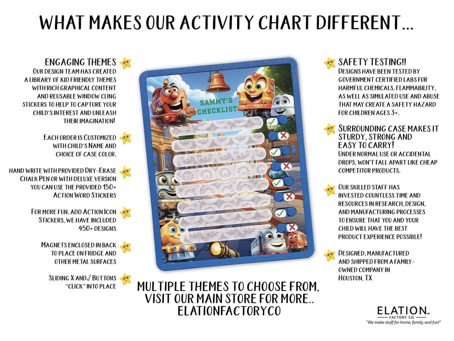 Elation Factory Co Toys & Games > Toys > Learning & School Kids Routine Chart | Chore Chart for Kids | Daily Checklist | Kids Daily Tasks | Daily Routine | Dry-Erase | Personalized | Trains Theme