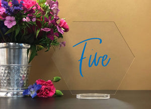 Elation Factory Co Weddings > Decorations > Serving & Dining > Table Décor > Table Numbers Custom Color - Hexagon Table numbers with stand, clear acrylic wedding table number, Wedding Table Decor, Plexiglass Table Numbe
