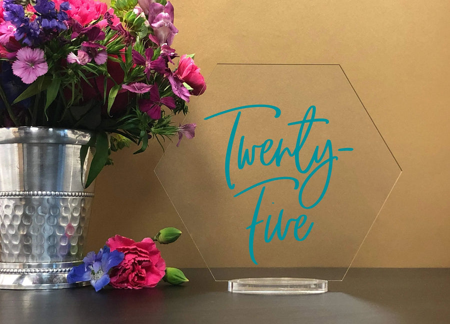 Elation Factory Co Weddings > Decorations > Serving & Dining > Table Décor > Table Numbers Custom Color - Hexagon Table numbers with stand, clear acrylic wedding table number, Wedding Table Decor, Plexiglass Table Numbe