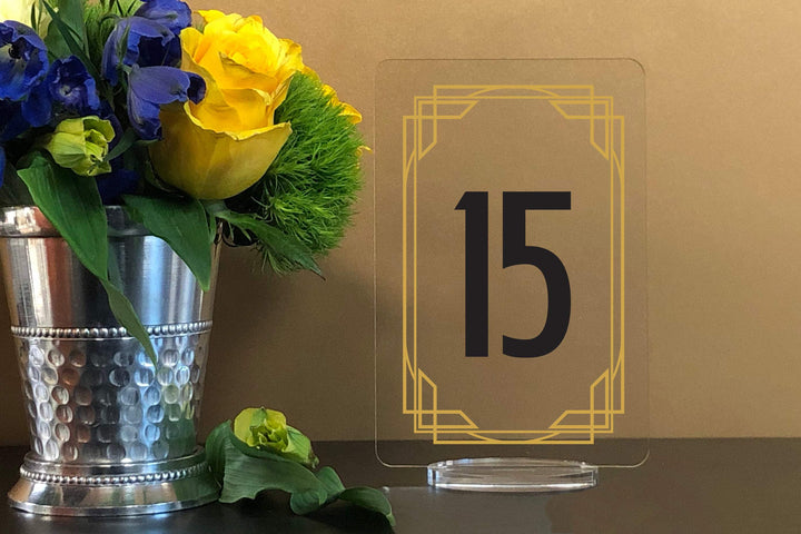 Elation Factory Co Weddings > Decorations > Serving & Dining > Table Décor > Table Numbers Art Deco Rectangle Table numbers with stand custom - clear acrylic wedding table number Wedding Table Decor Modern Weddings