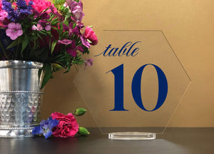 Elation Factory Co Weddings > Decorations > Serving & Dining > Table Décor > Table Numbers Custom Color - Hexagon Table numbers with stand, clear acrylic wedding table number, Wedding Table Decor, Plexiglass Table Numbe