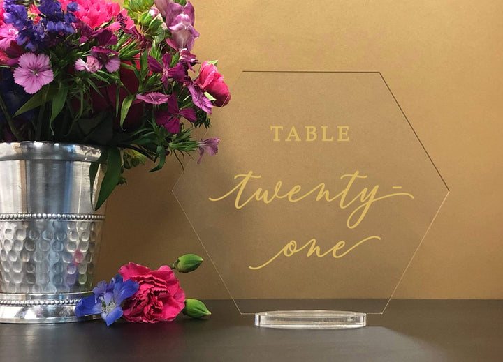 Elation Factory Co Weddings > Decorations > Serving & Dining > Table Décor > Table Numbers Custom Color - Hexagon Table numbers with stand, clear acrylic wedding table number, Wedding Table Decor, Plexiglass Table Numbe