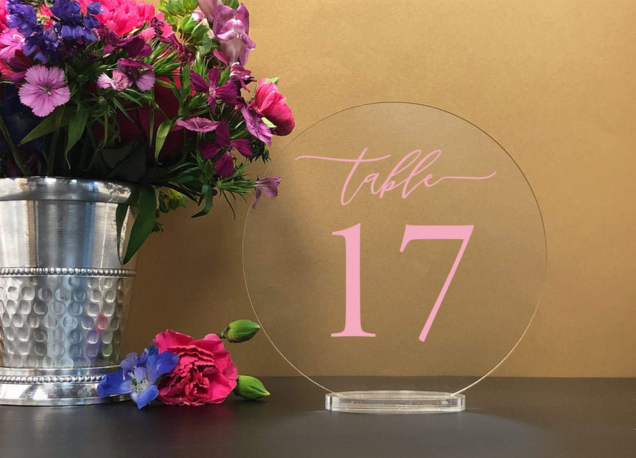 Elation Factory Co Weddings > Decorations > Serving & Dining > Table Décor > Table Numbers Custom Color - Round Table numbers with stand, clear acrylic wedding table number, Wedding Table Decor, Plexiglass Table Numbe