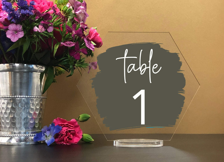 Hexagon Table Numbers Custom Paint Brush Style Background and stand ...