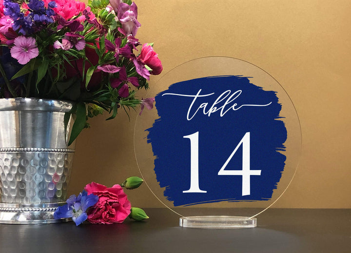 Elation Factory Co Weddings > Decorations > Serving & Dining > Table Décor > Table Numbers Custom Paint Brush Style Background - Round Table numbers with stand, clear acrylic wedding table number