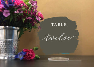 Elation Factory Co Weddings > Decorations > Serving & Dining > Table Décor > Table Numbers Custom Paint Brush Style Background - Square Table numbers with stand, clear acrylic wedding table number