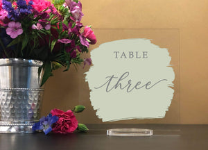 Elation Factory Co Weddings > Decorations > Serving & Dining > Table Décor > Table Numbers Custom Paint Brush Style Background - Square Table numbers with stand, clear acrylic wedding table number