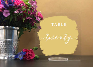 Elation Factory Co Weddings > Decorations > Serving & Dining > Table Décor > Table Numbers Custom Paint Brush Style Background - Square Table numbers with stand, clear acrylic wedding table number