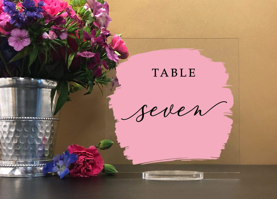 Elation Factory Co Weddings > Decorations > Serving & Dining > Table Décor > Table Numbers Custom Paint Brush Style Background - Square Table numbers with stand, clear acrylic wedding table number